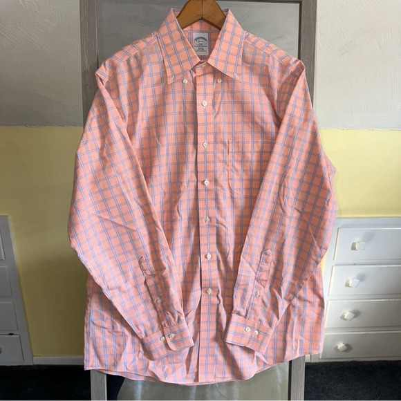 Brooks Brothers 346 Men’s Button Up Dress Shirt Orange‎ Blue Checkered Cotton - Picture 4 of 11